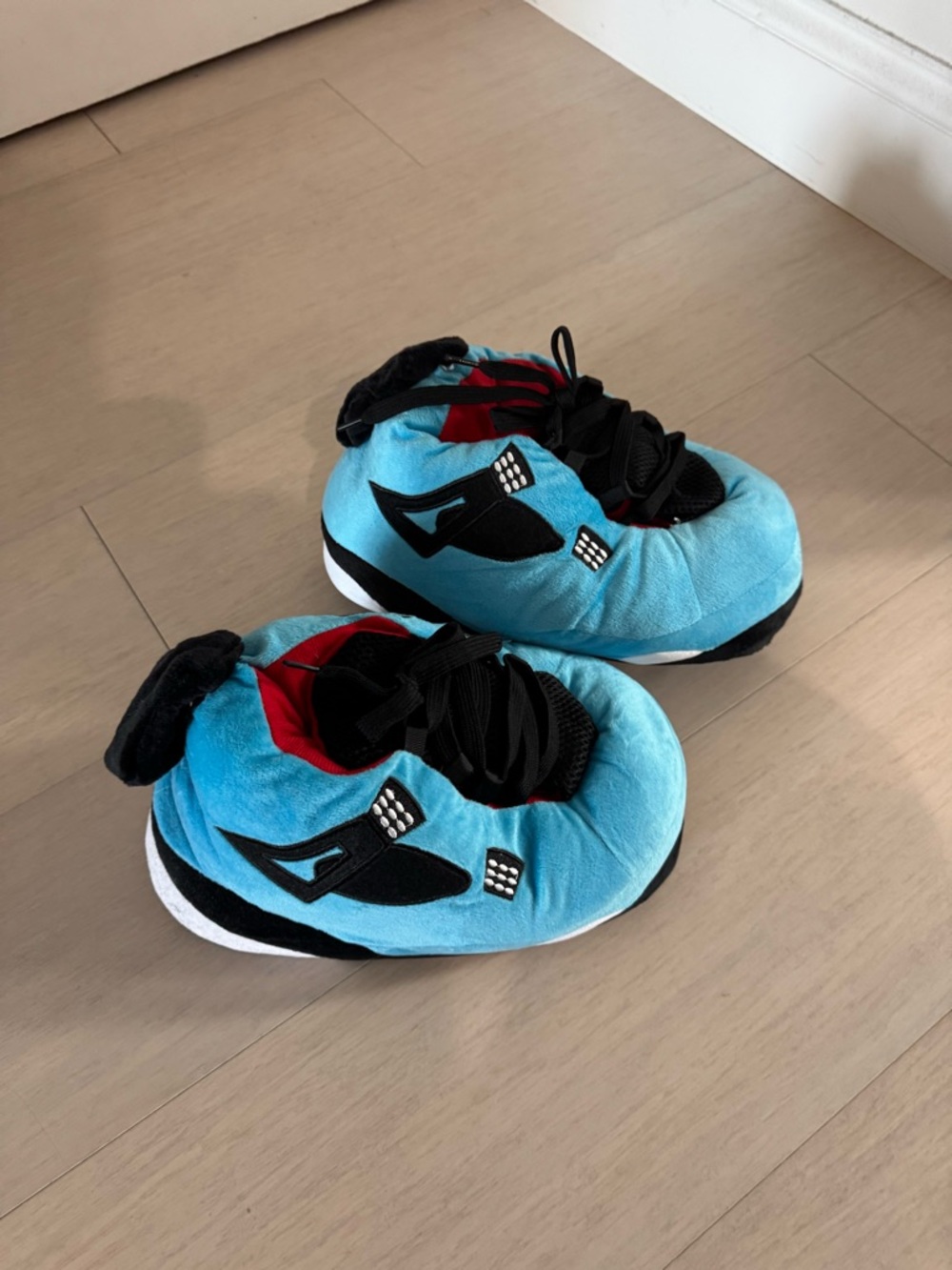 Plush Blue Kids Athletic-Style Slippers with Black Accents